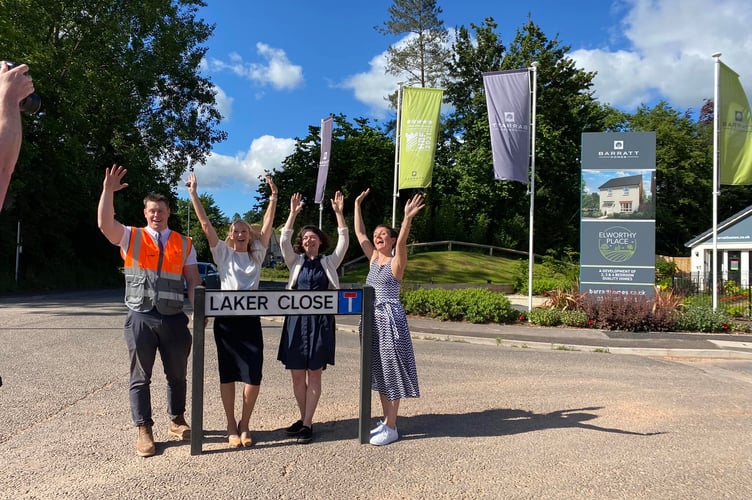 Pictured: Site manager Ross Pearson and senior sales manager Hannah Blackbourn from Barratt Homes, with Laura and Ele Laker.
