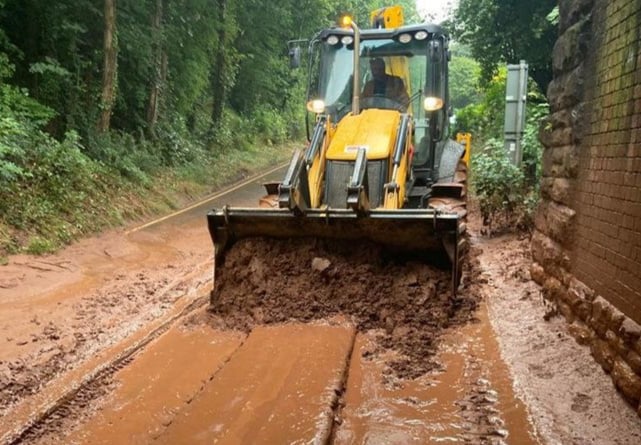 The A358 in Somerset which remains closed near Combe Florey following a mud slide yesterday, August 16 2022. Flash floods after days without rain caused the road block