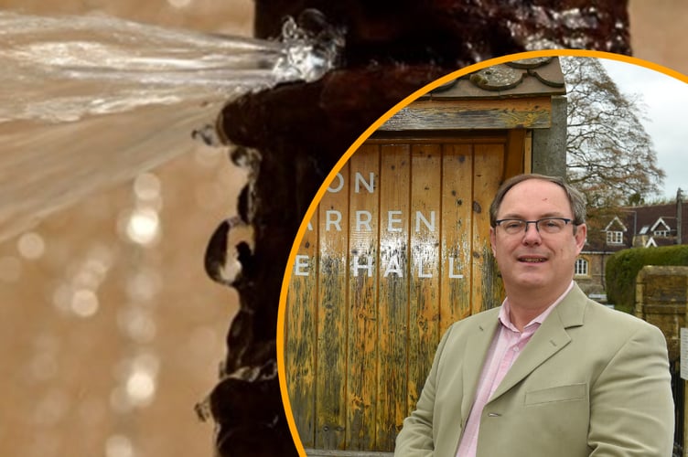 Cllr Andy Sully inset into an image of a burst pipe.