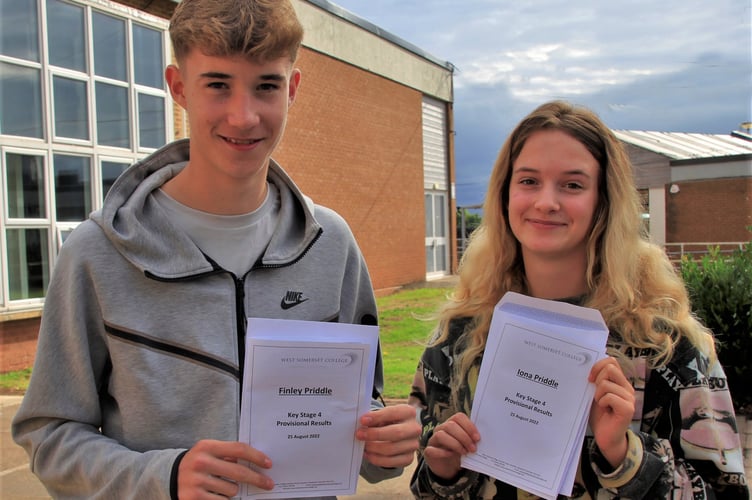 Finley and Iona Priddle pick up their GCSE results at West Somerset Community College