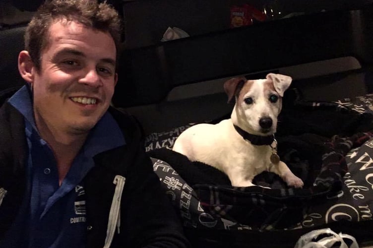 Pictured Sean Howe and his Jack Russell Terrier Doddy. A heartbroken man has had a tattoo done in tribute to his dead dog of the pooch's face using his ASHES mixed with the ink. See SWNS story SWSMdog. Sean Howe, 32, was devastated after having to put his beloved Jack Russell Terrier Doddy to sleep at 17 years old in June 2022 after having him since he was just a puppy. 