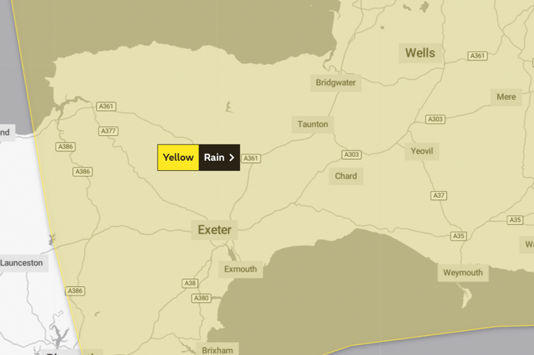 Somerset is covered by a warning for heavy rain on New Year's Eve