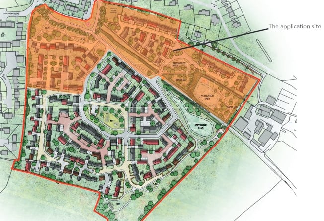 Masterplan of the Liddymore Farm development of 250 homes in Watchet, with phase 1 (75 homes) in orange