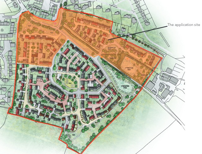 Masterplan of the Liddymore Farm development of 250 homes in Watchet, with phase 1 (75 homes) in orange