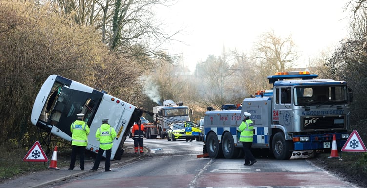 A major incident was declared this morning after a double-decker bus carrying 70 workers to Hinkley Point C overturned on the A39 near Bridgwater. No-one died in the incident but multiple people have been injured. Emergency services, including an air ambulance, attended the A39 Quantock Road, near Cannington, at around 6am this morning (17 January). Bridgwater, Somerset. 17 January 2023.
