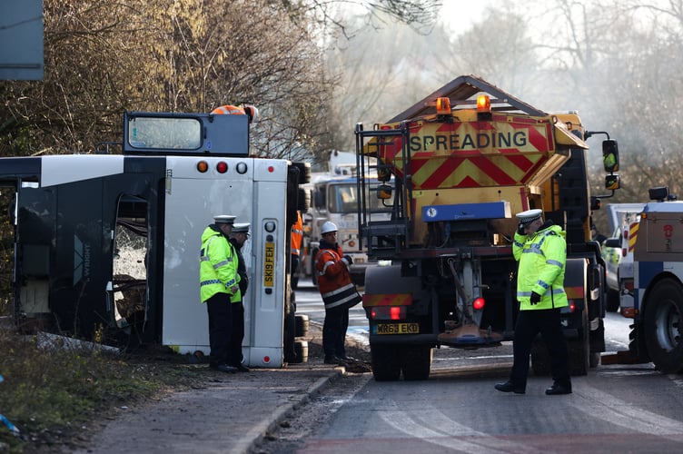 A major incident was declared this morning after a double-decker bus carrying 70 workers to Hinkley Point C overturned on the A39 near Bridgwater. No-one died in the incident but multiple people have been injured. Emergency services, including an air ambulance, attended the A39 Quantock Road, near Cannington, at around 6am this morning (17 January). Bridgwater, Somerset. 17 January 2023. 