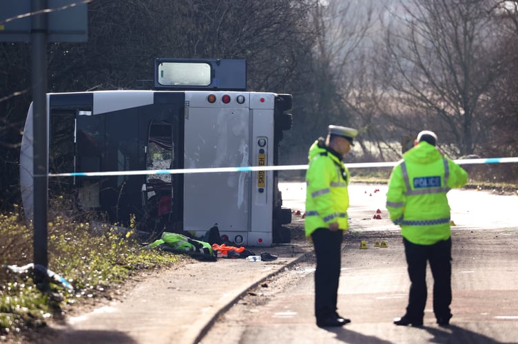 A major incident was declared this morning after a double-decker bus carrying 70 workers to Hinkley Point C overturned on the A39 near Bridgwater. No-one died in the incident but multiple people have been injured. Emergency services, including an air ambulance, attended the A39 Quantock Road, near Cannington, at around 6am this morning (17 January). Bridgwater, Somerset. 17 January 2023. 