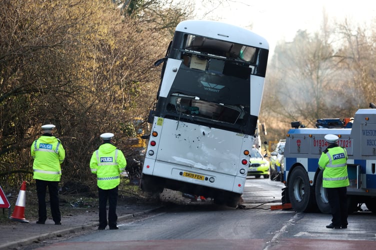 A major incident was declared this morning after a double-decker bus carrying 70 workers to Hinkley Point C overturned on the A39 near Bridgwater. No-one died in the incident but multiple people have been injured. Emergency services, including an air ambulance, attended the A39 Quantock Road, near Cannington, at around 6am this morning (17 January). Bridgwater, Somerset. 17 January 2023. 
