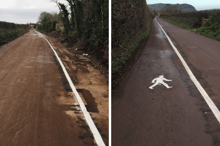 The new old a39 footpath pictured in either direction. On the right looking toward North Hill, Minehead