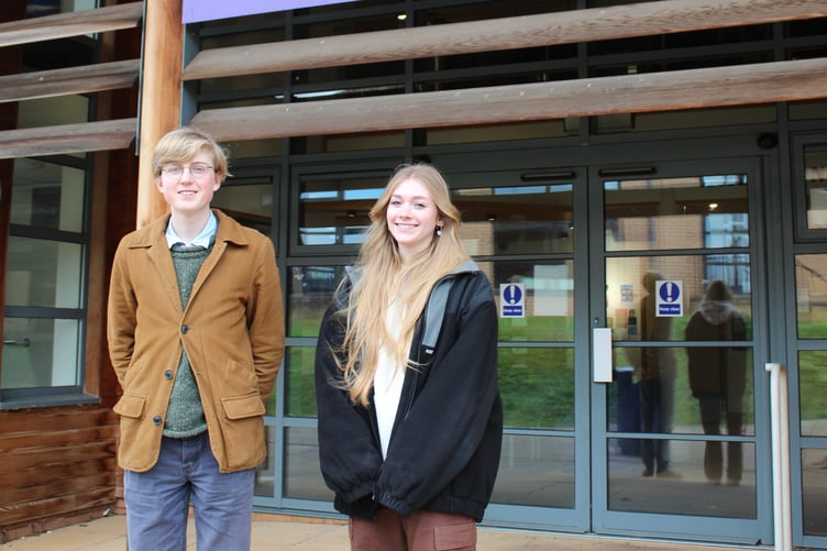Photo shows Kez and Isaac outside the West Somerset College Sixth Form Block