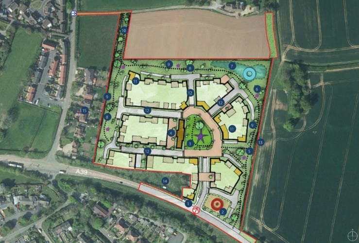 Masterplan of 83 homes and retail outlet on the A39 Long Cross in Nether Stowey