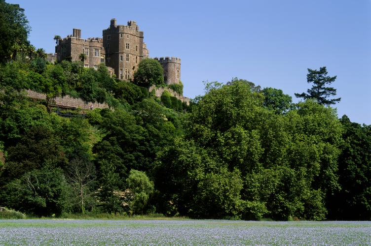 A long distance shot of Dunster Castle viewed from the south.