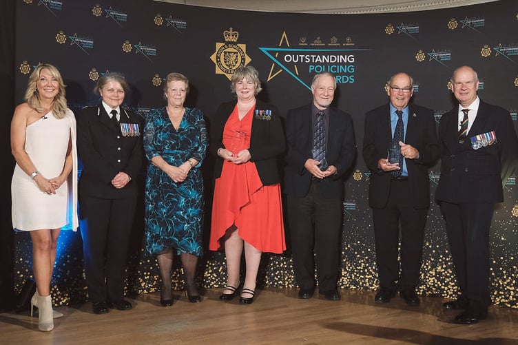 Chief Constable Sarah Crew (second, left) and Police and Crime Commissioner Mark Shelford (right) with some of the award winners.