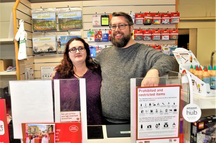 Emily and Mark Richards-Littlefield at Alcombe Post Office 