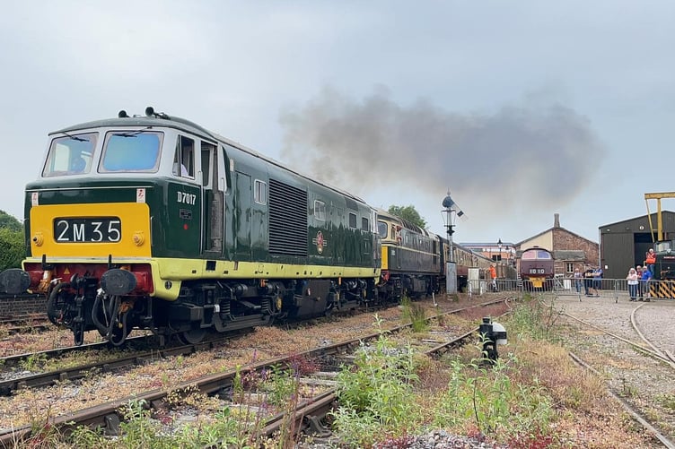 The West Somerset Railway's Class 35 Hymek D7017 on the 1325 from Williton to Minehead with Class 33 D6575.