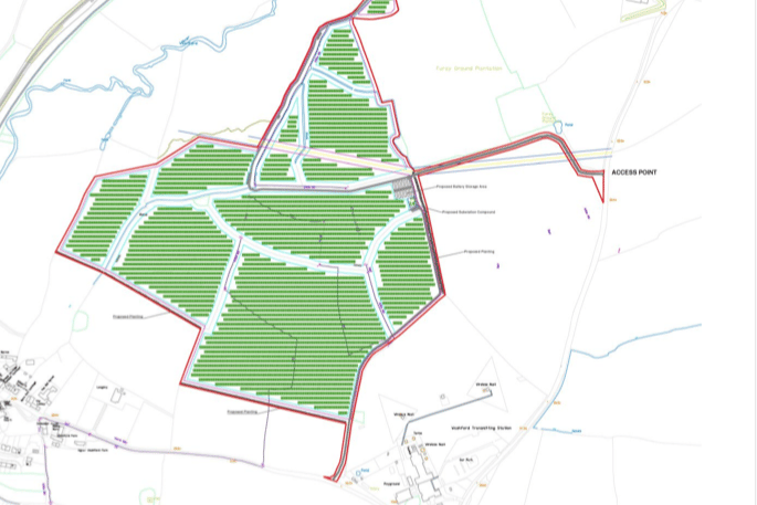 Green hatched areas show proposed Washford solar park next to Tropiquaria at the bottom.