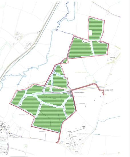 Green hatched areas show proposed Washford solar park next to Tropiquaria at the bottom. 