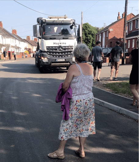 Watchet Cllr Rosemary Woods blocks the road in front of a lorry outside Knights Templar School.