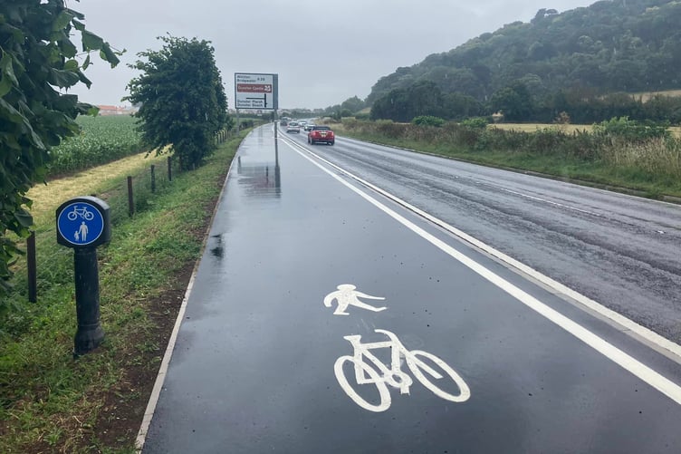 The new cycle route along the A39, looking away from Minehead toward Dunster.