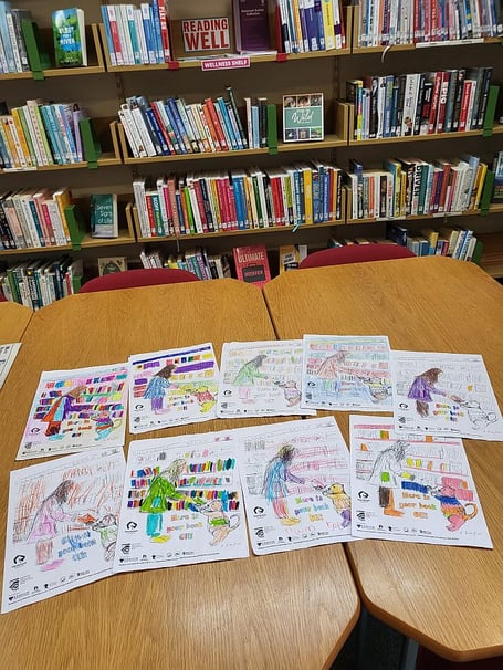 Some of the entries for the Dulverton weir trust colouring competition.