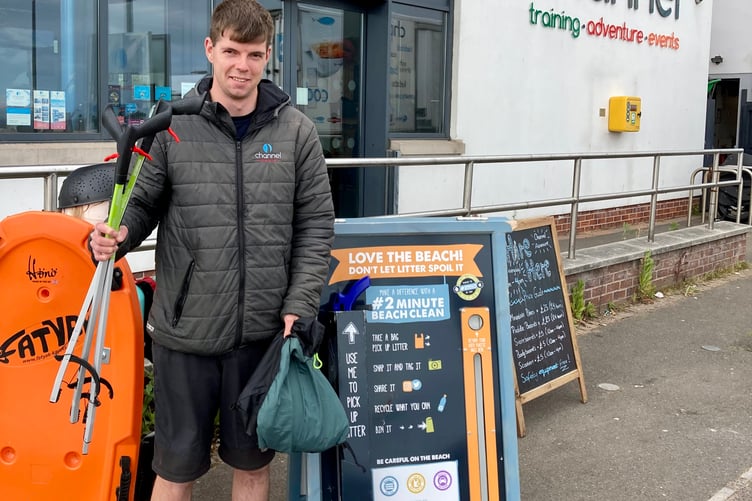 Channel Adventure, Minehead, operations manager Connor Allen with new litterpicks from SUEZ.