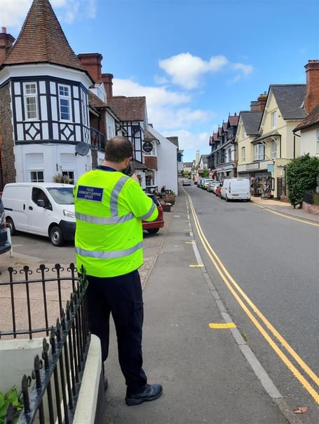 PCSO Zack Howe carrying out speed checks in the centre of Porlock,