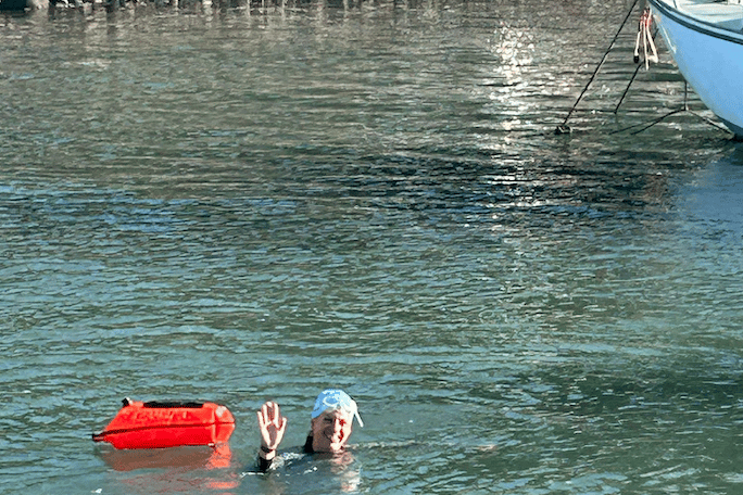 Gemma Allerton finishing her 'Channel' swim off Porlock Weir.