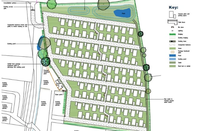 Plan showing how 115 new caravans would be accommodated at Moorhouse Campsite, Holford.