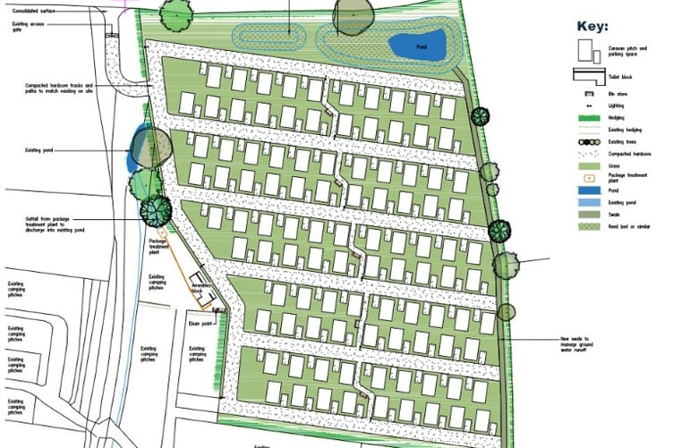 Plan showing how 115 new caravans would be accommodated at Moorhouse Campsite, Holford.