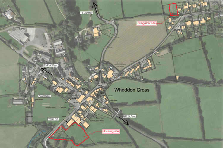 Two potential housing sites Wheddon Cross and Cutcombe outlined in red.