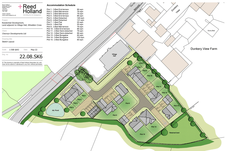 A proposed plan of the 15 homes which could be built next to the village hall in Wheddon Cross.