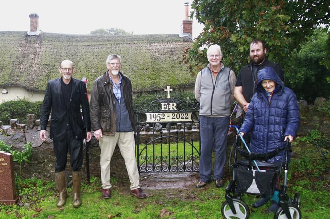 Members of Bicknoller’s memorial gate committee at its unveiling, chairman Marian Gresswell, treasurer Alastair Gresswell, secretary Kim Martin, and communications officer Philip Comer, with blacksmith Kyle Roberts.
