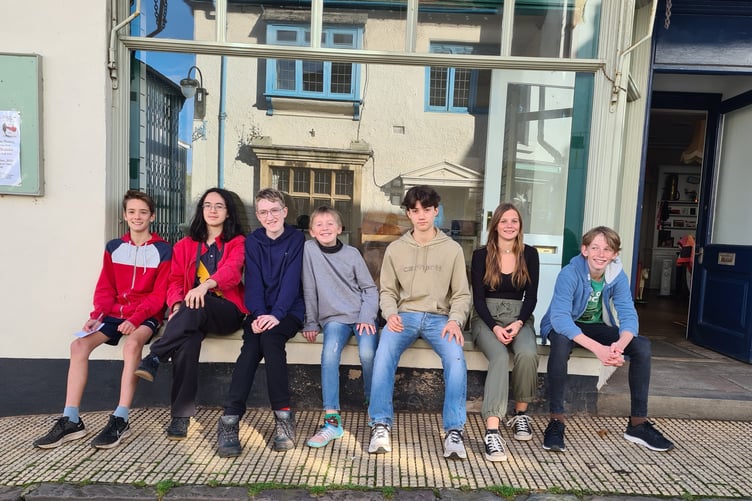 Porlock single use plastic pop up shop West Somerset youngsters Luca, Joshi, Isaac, Yoshi, Lenny, Minna, and James, Stacked Wonky
