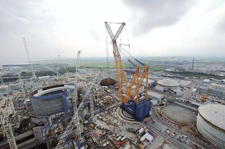 The world's largest crane 'Big Carl' in use at the Hinkley Point C construction site where about 10,000 people are now working 24 hours a day.