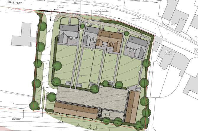 A plan showing the proposed lay-out of five new homes in the centre of Stogursey.