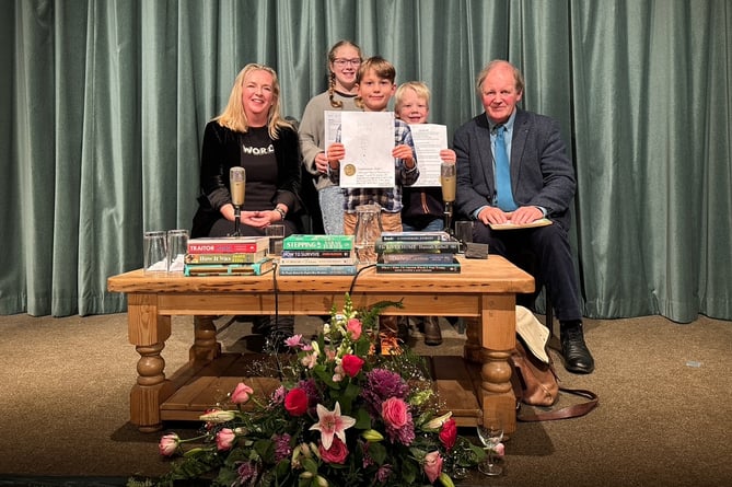 Michael Morpurgo and Kate Lord Brown with the winning children's writers at Dulverton Exmoor Literary Festival.