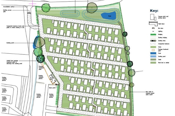 A plan showing how 100 caravans will be sited at Moorhouse Campsite, Holford, for Hinkley Point C workers.