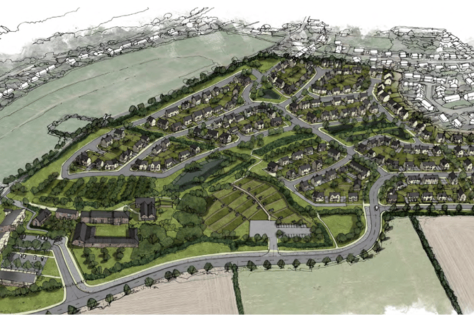 An artist's illustrative impression of how the Parsonage Farm development would fit into Watchet.