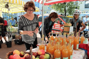 Brendon Orchards juices for sale at a Wiveliscombe street market.