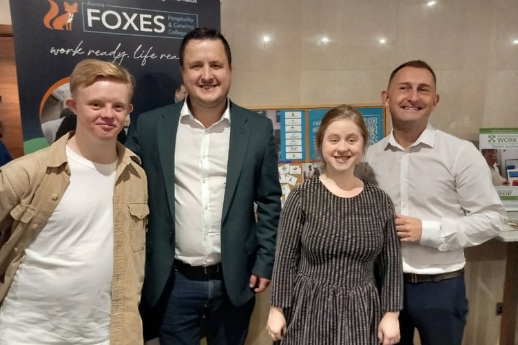 Photograph shows (left to right) Hilton London Kensington kitchen assistant Harry, Aurora Foxes principal Mark Costello, Hilton London Kensington F&B assistant Ella, Aurora Foxes independent living and employability skills tutor Chris Jackson.