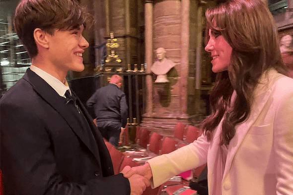 The Princess of Wales greets Minehead teenage violinist Anthony Knight in Westminster Abbey.