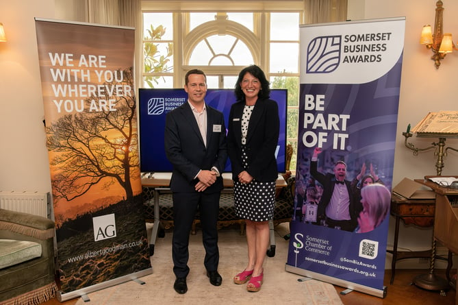 Mark Cahill, from awards sponsors Albert Goodman, and Somerset Chamber of Commerce chief executive Emma Rawlings.