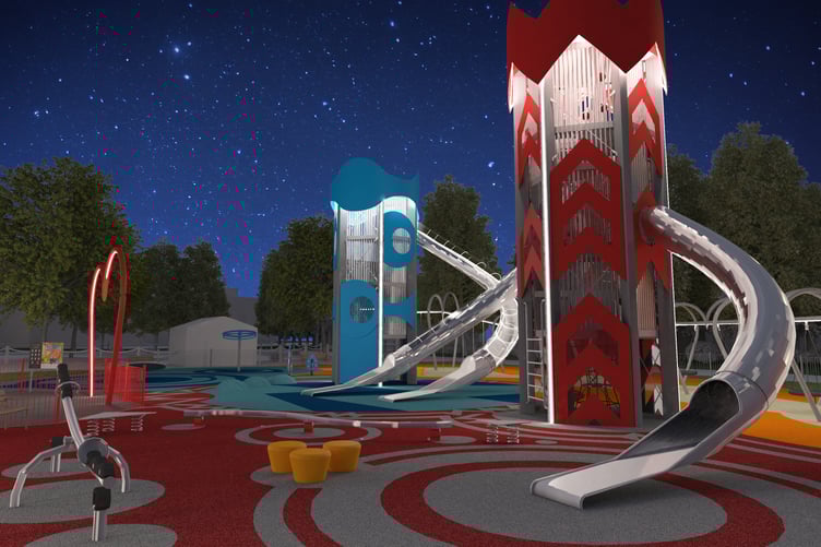 An after-dark view of Butlin's new SKYPARK play area.