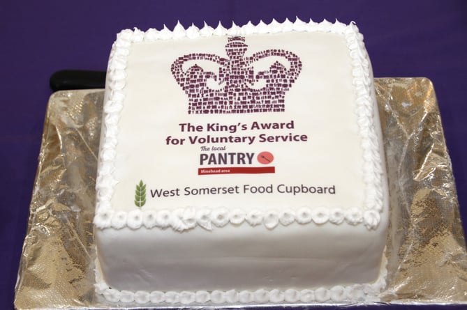 A celebratory cake made for the presentation to West Somerset Food Cupboard of the Kings Award for Voluntary Service.