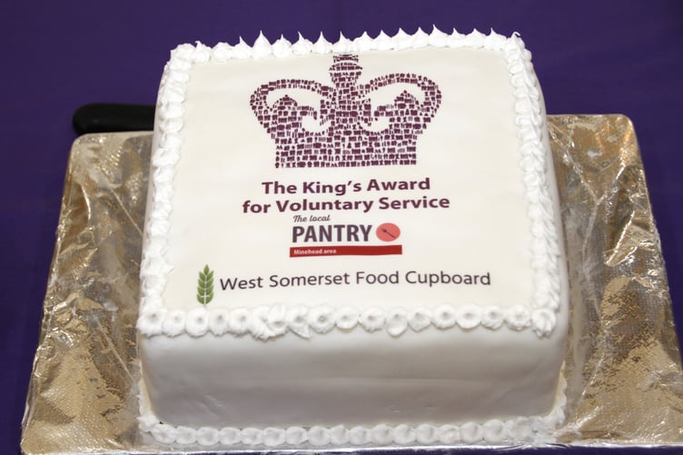 A celebratory cake made for the presentation to West Somerset Food Cupboard of the Kings Award for Voluntary Service.