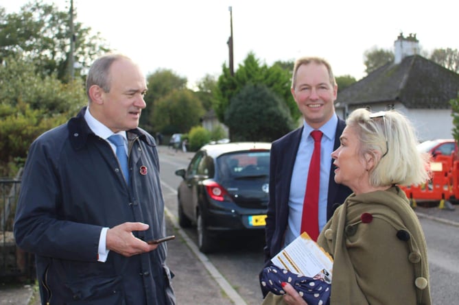 Liberal Democrat leader Sir Ed Davey with Mid Devon MP Richard Foord and Parliamentary candidate Rachel Gilmour.