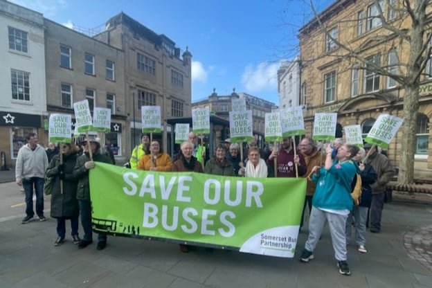 Protesters against bus service cuts attended a rally in Yeovil organised by the Somerset Bus Partnership.