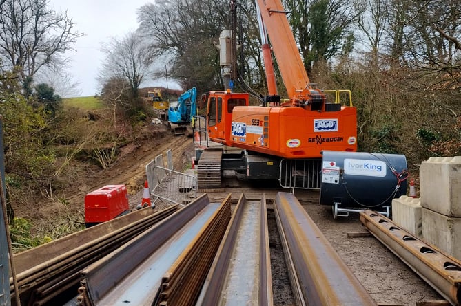 Thirty-tonne piling plant is in use on the Roundwaters repairs on the B3224 on Exmoor.