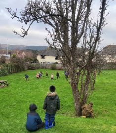 Pupils of St Dubricius First School, Porlock, explore a local orchard to collect sounds.