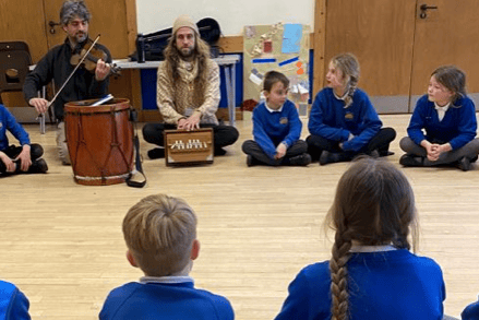 Stacked Wonky musicians Seb and Drew working with St Dubricius First School pupils.